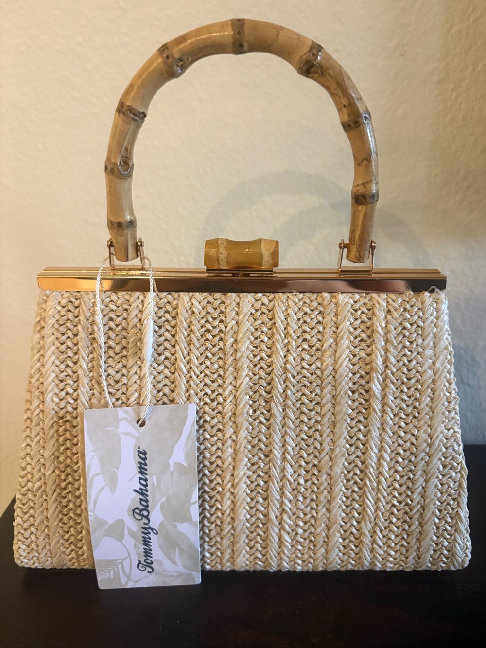 Tommy Bahama Cream Woven Tote with Bamboo Handles and Gold Frame